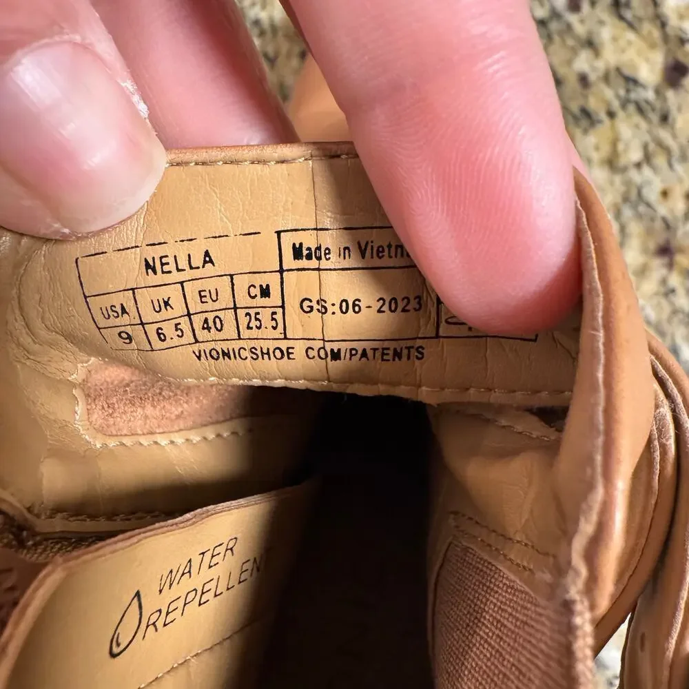Vionic Nella Womens Leather Ankle Comfort Boot Water Repellent Camel Nappa Sz 9